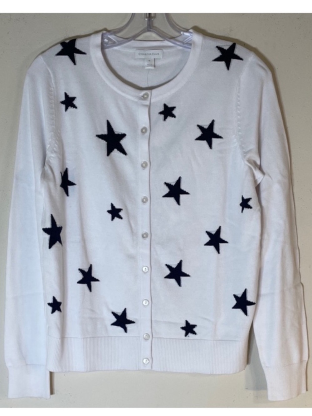 Charter Club White Cardigan with Navy Stars. M. NWT.
